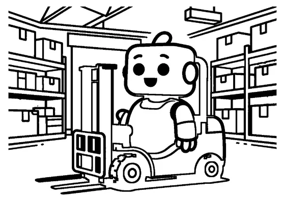 A warehouse robot standing next to a forklift with lowered forks.