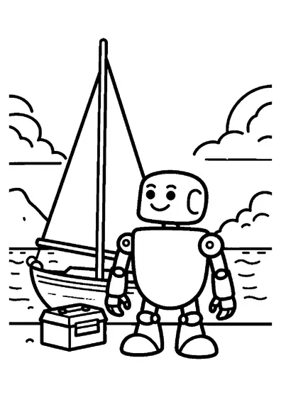 Robot amichevole accanto a un grande albero di barca a vela, vela avvolta e cassetta degli attrezzi in un cantiere navale.