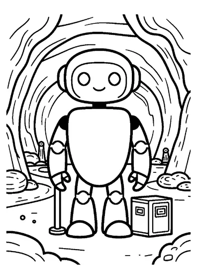 Un robot de secours se tient près d’un grand étai et d’une caisse de matériel dans une grotte lumineuse.
