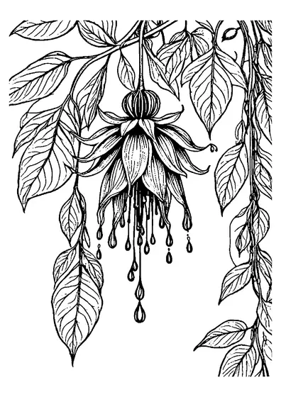 Flor de fúcsia pendente com estames distintos cercada por uma cascata de folhas e trepadeiras com veios detalhados para colorir.