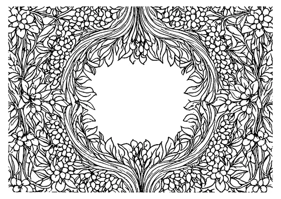 Mandala vegetal con racimos de glicinia, enredaderas y hojas alrededor de un gran centro ovalado para colorear.