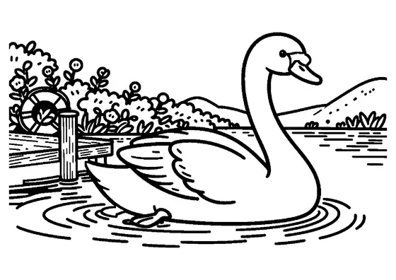 Un cigno nuota accanto a un pontile di legno sul lago, circondato da cespugli di rose selvatiche in fiore.