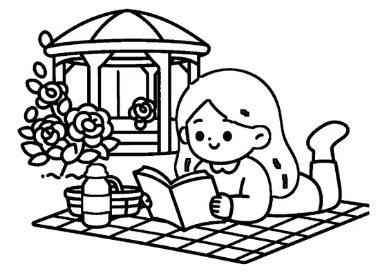 A girl lying on a picnic blanket and reading a book beside a blooming rose bush.