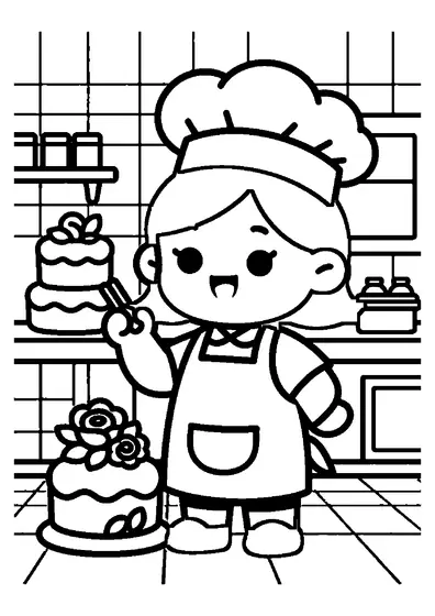 A girl wearing a chef’s hat decorates a large tiered cake with fresh roses.