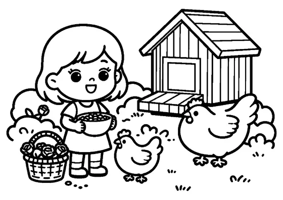 A girl feeding a hen in a farmyard beside a lush rose bush.