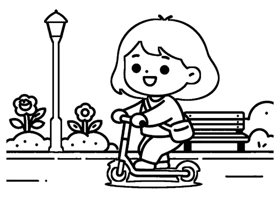A smiling girl rides a scooter beside a raised rose bed in the park.