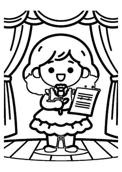 Une fillette souriante en robe élégante tenant une rose sur les planches d'un théâtre.