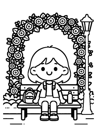Una bambina con un caschetto corto siede su una panchina di legno accanto a un sentiero del parco fiancheggiato da rose.