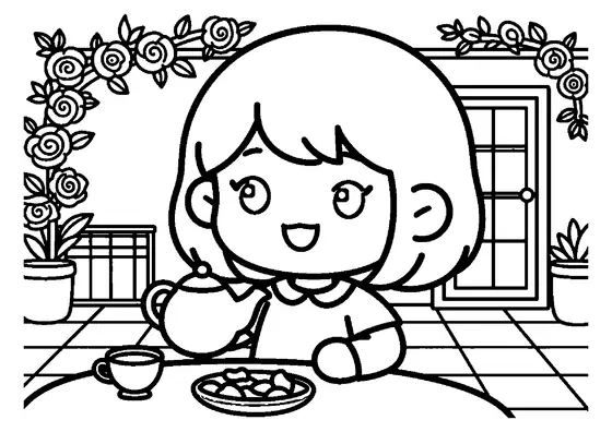 A girl pouring rose petal tea at a table on a sunny garden patio.