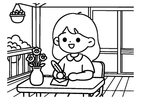 A girl sits at a wooden table on a porch and writes a letter with a pen.