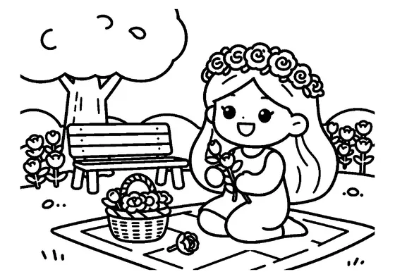 A girl sitting on a picnic blanket and weaving a crown from blooming roses.