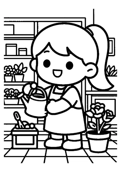 A girl with a ponytail using a watering can to water rose bushes at a flower shop.