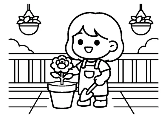 Petite fille en salopette qui rempote un plant de rose dans un pot en terre cuite.