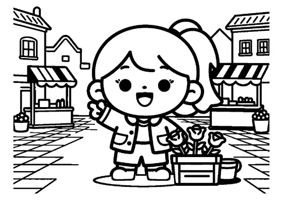 A girl admiring crates filled with roses at a flower stall in a busy town square.