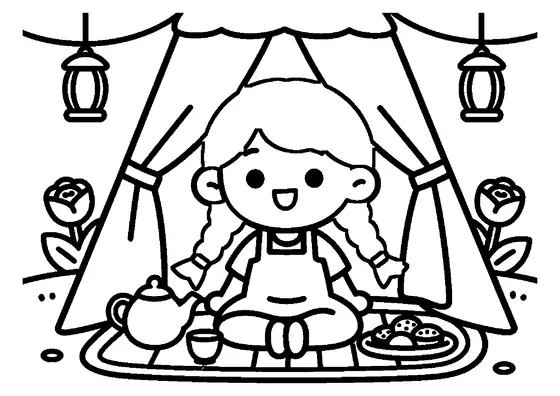A girl serves rose tea inside a cozy children’s tent in the garden.