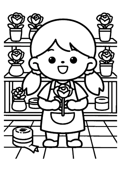 Une petite fille souriante crée un bouquet de roses à une table dans un atelier de fleuriste.