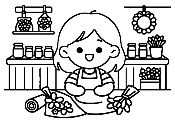Una niña en el mostrador de una floristería preparando un ramo con rosas y cintas.