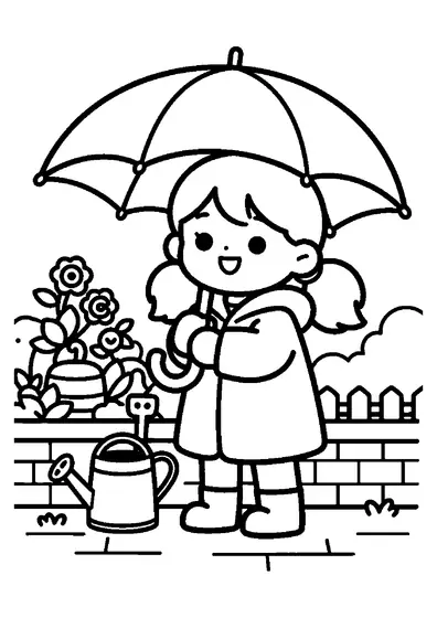 A girl with an umbrella standing in the rain beside a blooming rose bush in a garden.