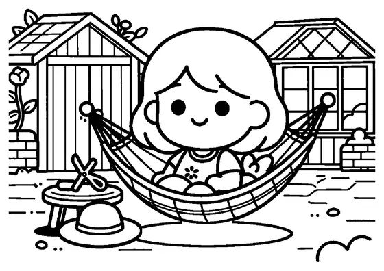 A girl relaxing in a hammock surrounded by blooming roses in a peaceful garden.