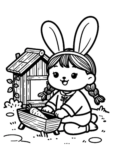Una bambina tiene una carota accanto a una conigliera di legno circondata da rose in fiore in un giardino di campagna.