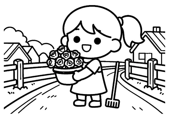 A girl with pigtails carrying a basket of roses beside a wooden fence in the countryside.