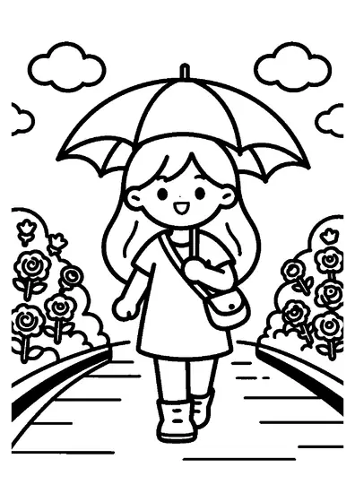 Una bambina con l’ombrello cammina su un sentiero bagnato dalla pioggia, tra le rose in fiore del giardino.