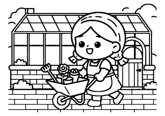 A girl pushing a garden cart filled with potted roses beside a greenhouse.