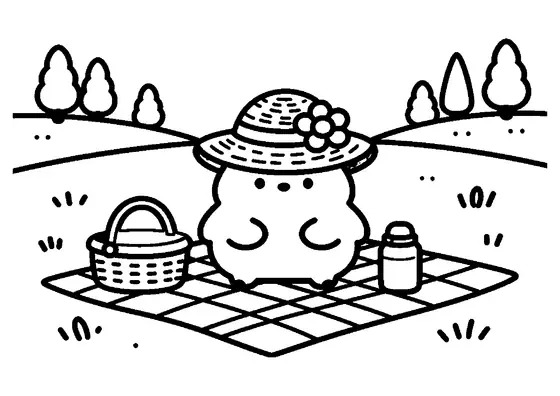 A straw hat decorated with a blooming rose resting on a picnic blanket.