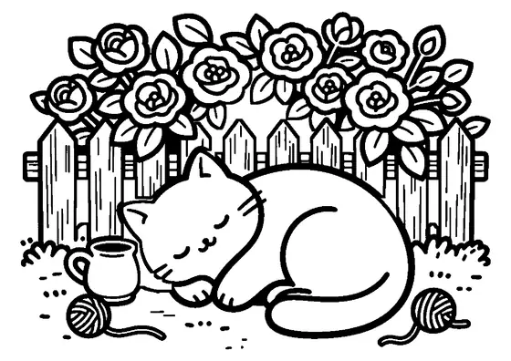 Un chaton duveteux qui sommeille sous un rosier, à côté d'une clôture en bois.
