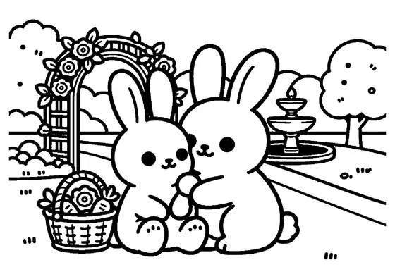 A young rabbit beside a basket filled with roses beneath a decorative arch in the park.