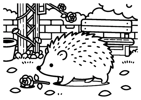 A hedgehog walking beside fallen rose petals and a flowerpot beneath a wooden pergola.