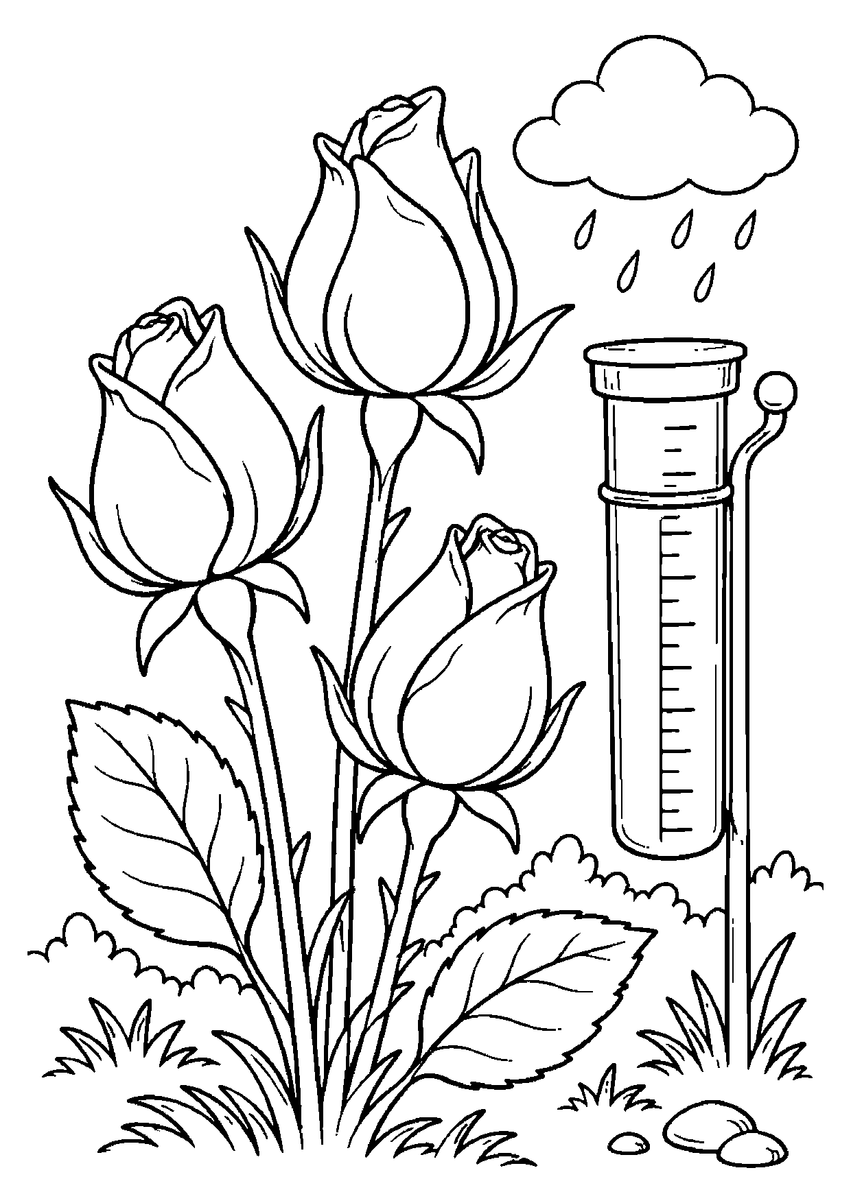 Three rose buds beside a garden rain gauge with serrated leaves, grass, stones, and a rain cloud.