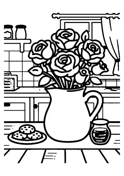 A porcelain pitcher filled with roses on a kitchen counter beside a window.