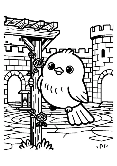 Un pequeño pájaro cantando sobre una pérgola de madera cubierta de rosas en el jardín de un castillo.