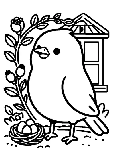 A small bird beside a nest of eggs hidden among the branches of a wild rose bush.