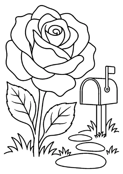 A large blooming rose with two leaves grows beside a small mailbox with a raised flag and flat stepping stones.
