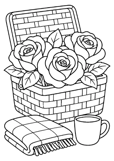 Three large roses in an open wicker picnic basket, with a folded plaid blanket with fringe and a mug in front