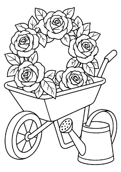 A round wreath of five large roses with leaves resting in a garden wheelbarrow, with a watering can at its side