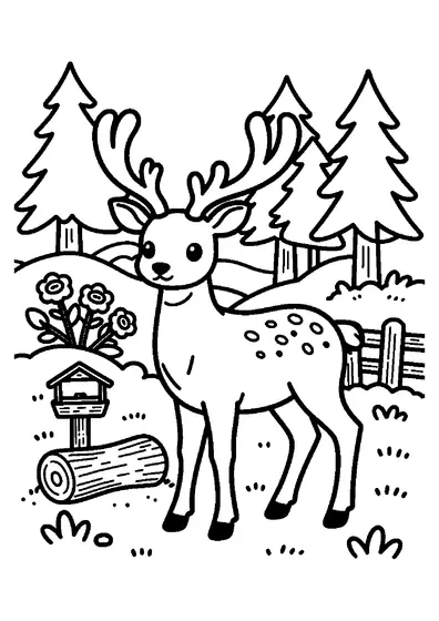 A young deer stands quietly in a forest clearing beside a dense bush covered in blooming roses.