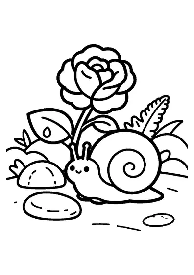 A cheerful snail climbing a rose stem beside a stone garden path.