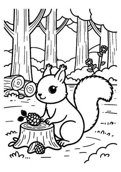 A fluffy squirrel on a tree stump beside a pinecone and a wild rose branch covered in rose hips.