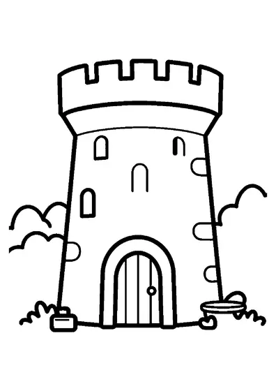 Alto torreón de castillo con una gran puerta de madera.