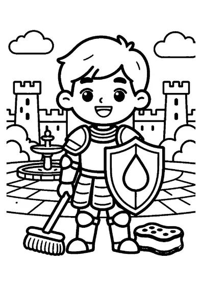 A knight standing with a large scrub brush and sponge next to a stone fountain in the courtyard.
