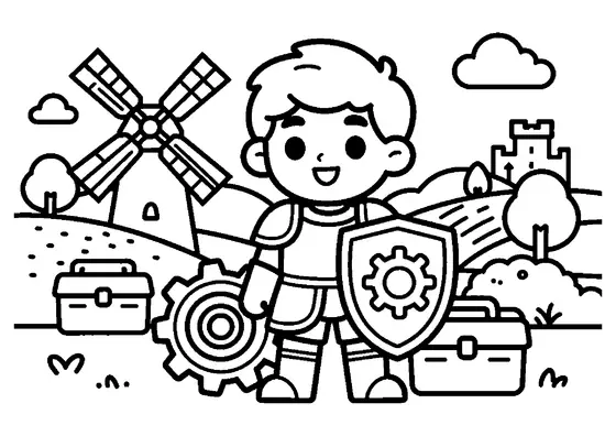 A cheerful knight standing beside a large wooden gear and toolbox beneath a village windmill.