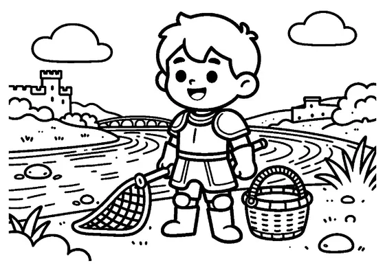 A smiling knight standing near a coiled fishing net and a wicker basket by a calm riverbank.