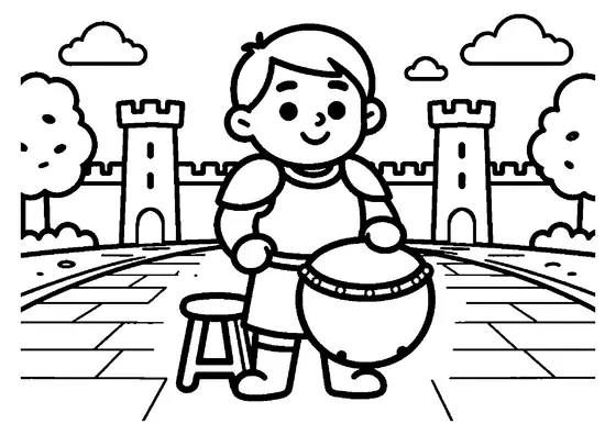 Um cavaleiro sorridente está ao lado de um grande tambor e um banquinho largo no pátio do castelo.