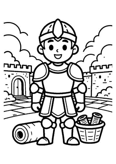 A knight carrying a large roll of fabric and a basket of thread stands in a castle courtyard.