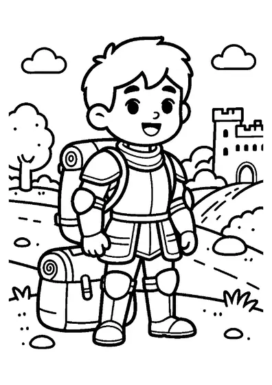 A smiling knight standing next to a large backpack and rolled bedroll on the road to the castle.