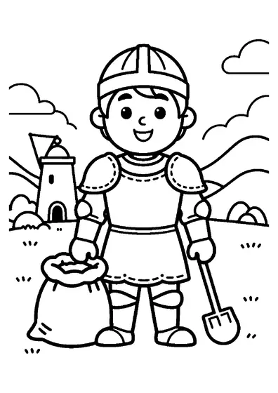 Um cavaleiro sorridente está de pé ao lado de um saco grande de farinha e um medidor de madeira em frente a uma fábrica de moinhos.