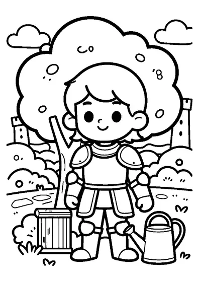 A knight standing beside a young tree, a wooden tree guard, and a watering can in a castle garden.